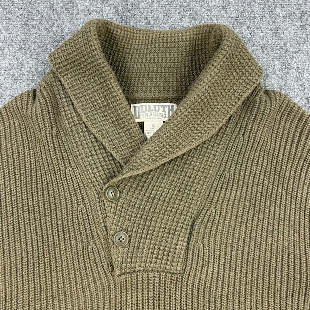 Duluth Wool Blend Shawl Collar Ribbed Knit Sweater Mens‎ XL Green Elbow Patches